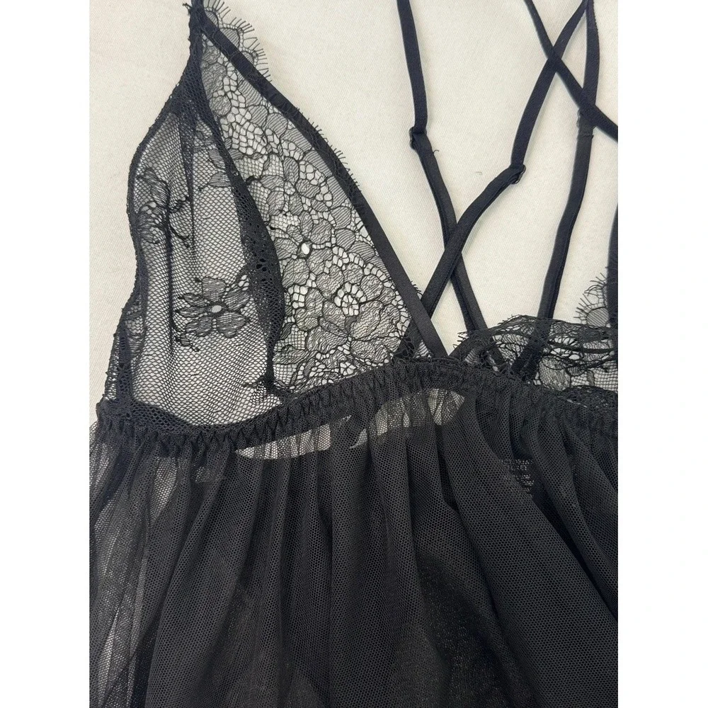 Victoria's Secret Lace Sheer Racerback Babydoll Nightie Lingerie Black Top L